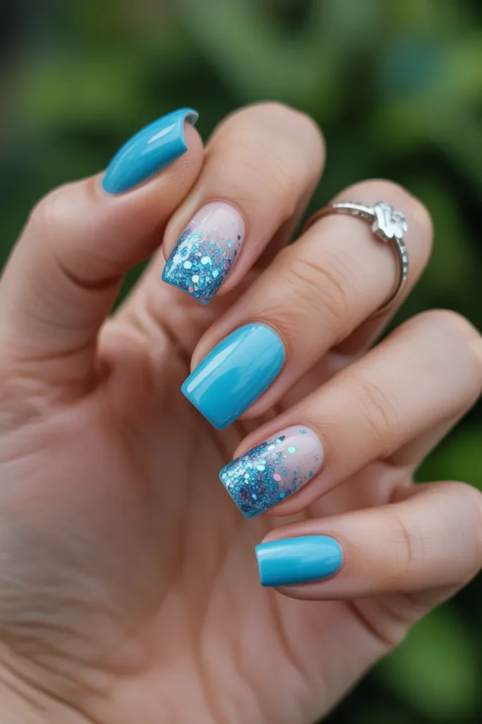 Aqua Blue Square Nails with Glitter Gradient