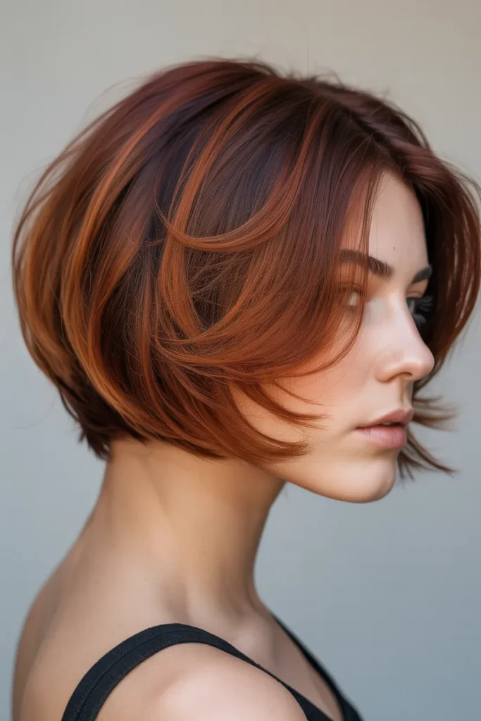 Auburn Balayage with Layered Bob