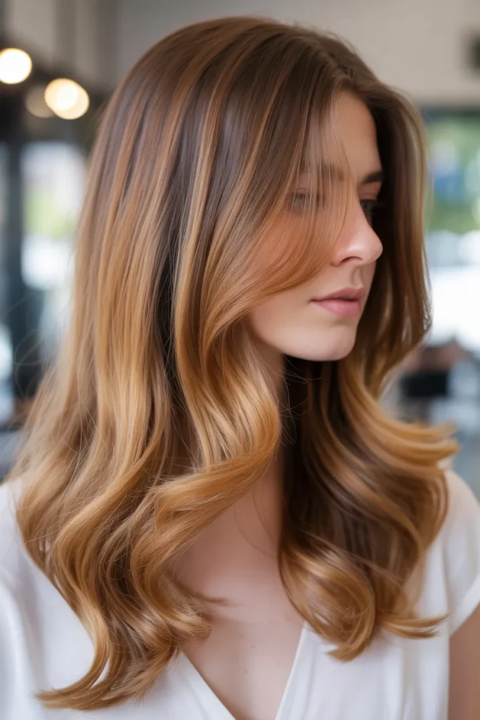 Auburn Balayage with Long Layered Waves