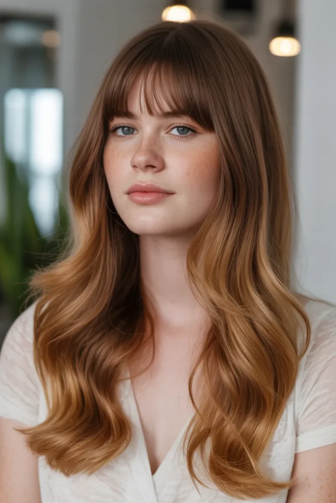 Auburn Balayage with Soft Curtain Bangs