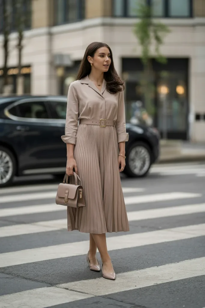 Belted Midi Dress with Closed-Toe Flats