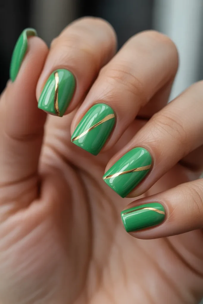 Bright Green Square Nails with Gold Minimal Accents