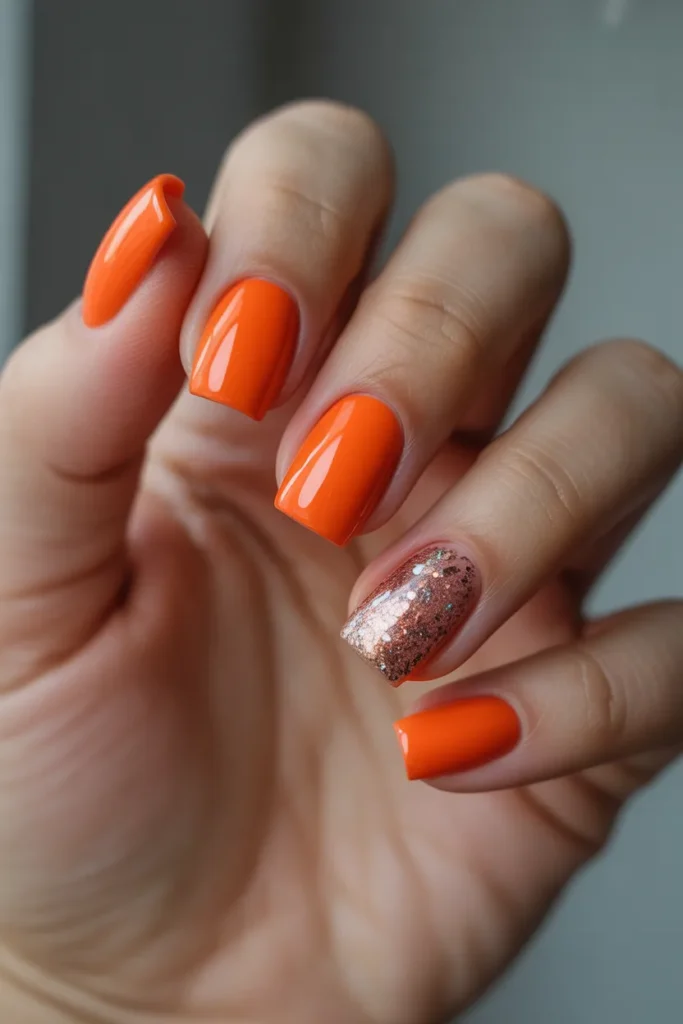 Bright Orange Square Nails with Glitter Accents