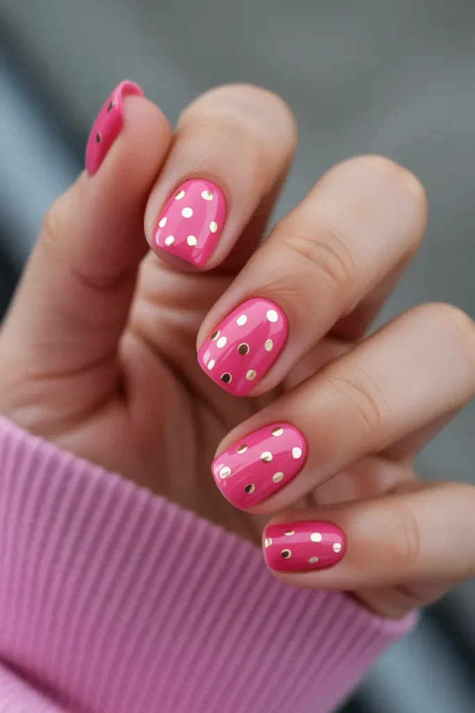 Bright Pink Square Nails with Minimal Gold Dots