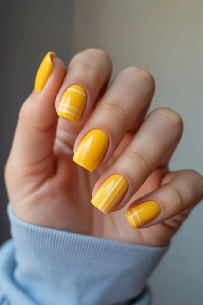Bright Yellow Square Nails with Minimal White Stripes