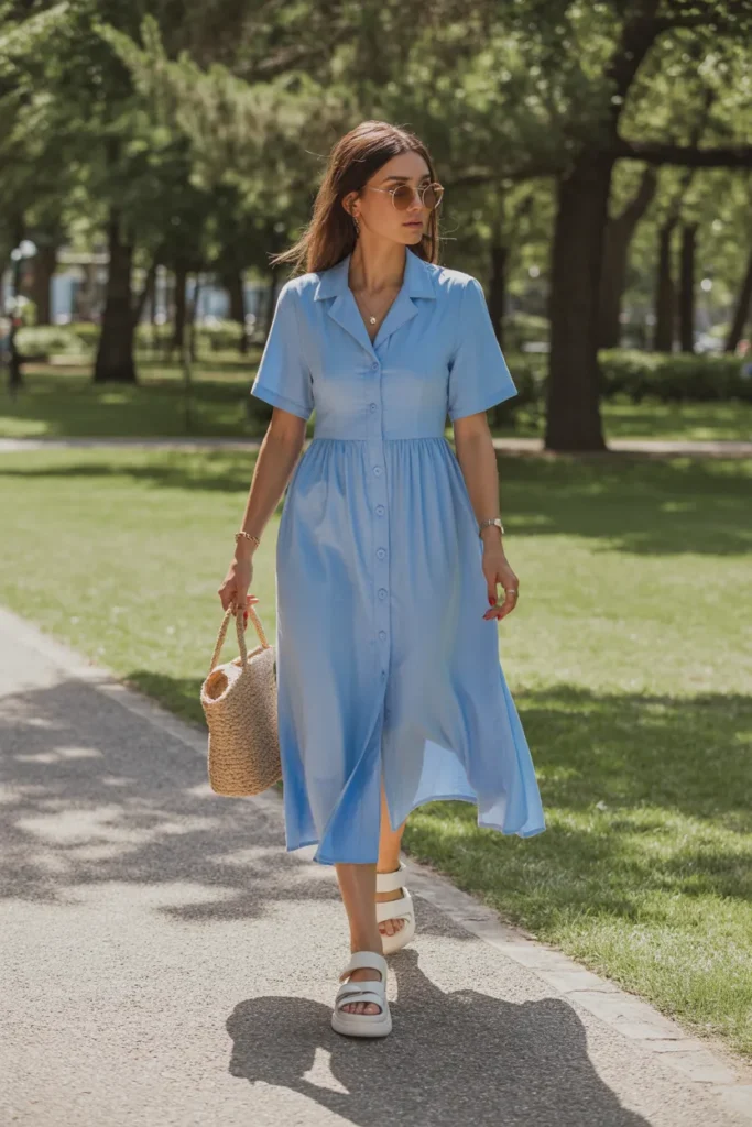 Button-Front Dress with Chunky Sandals
