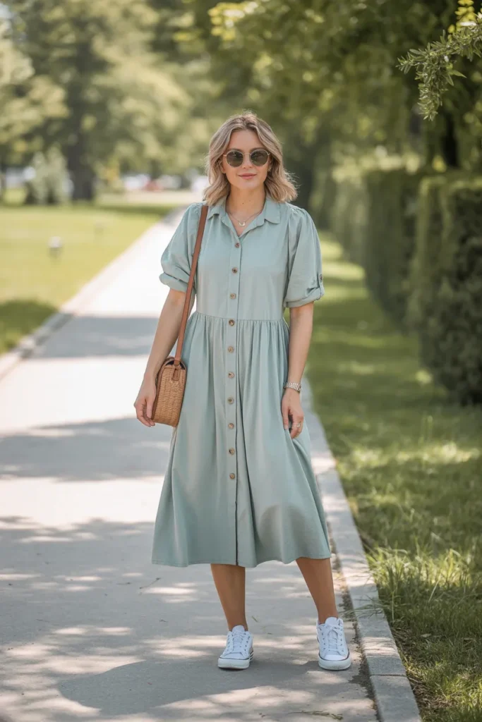Button-Front Midi Dress with Sneakers