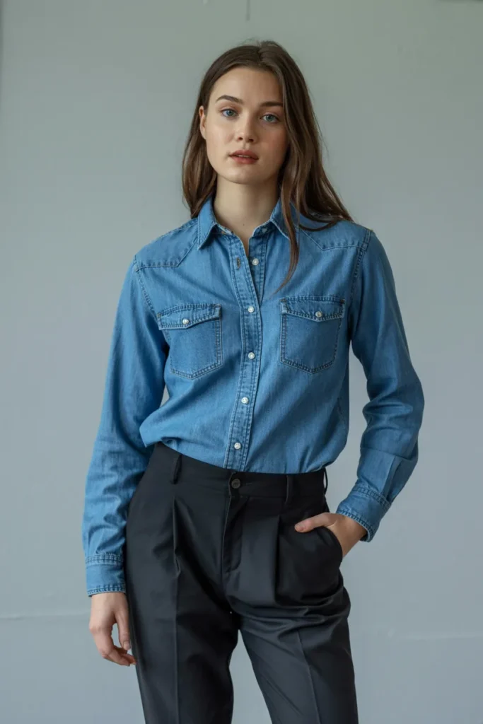 Button-Up Denim Shirt with Black Pants