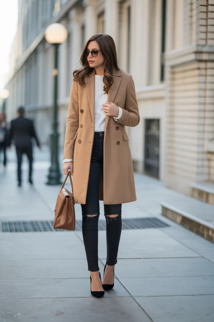 Camel Coat with Black Skinny Jeans
