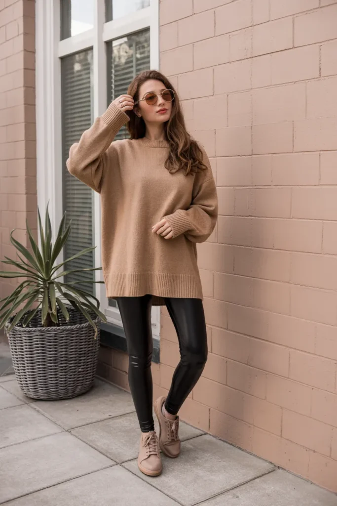 Camel Sweater with Black Leggings