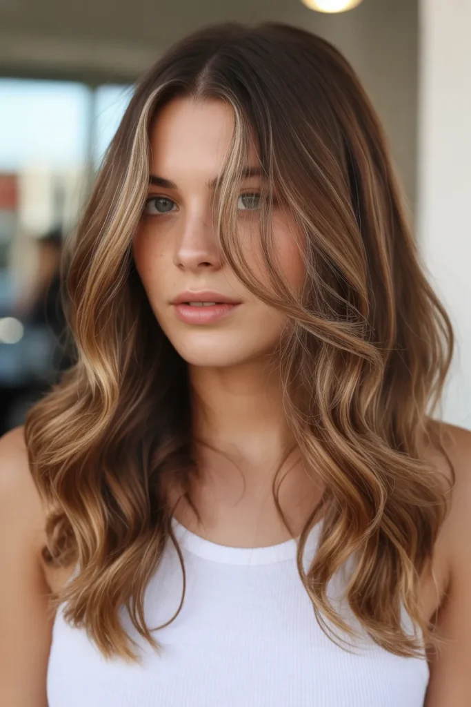 Caramel Brown Balayage on Wavy Hair