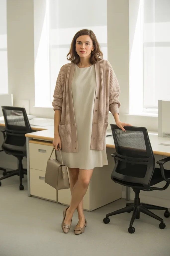 Cardigan Layered Over a Shift Dress