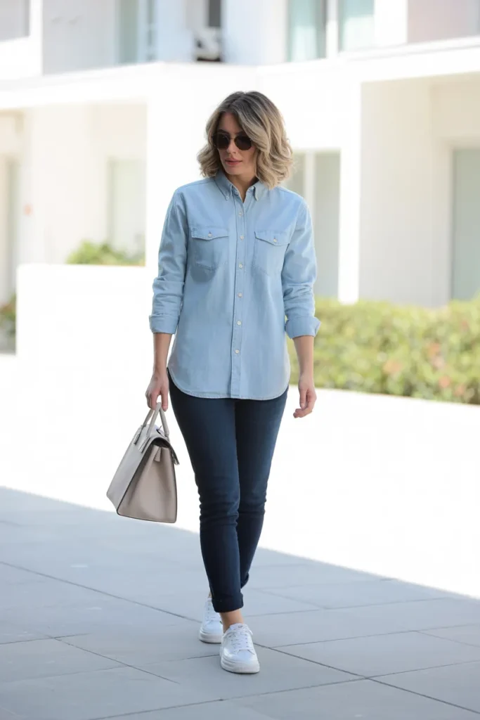 Chambray Shirt with White Sneakers and Dark Jeans