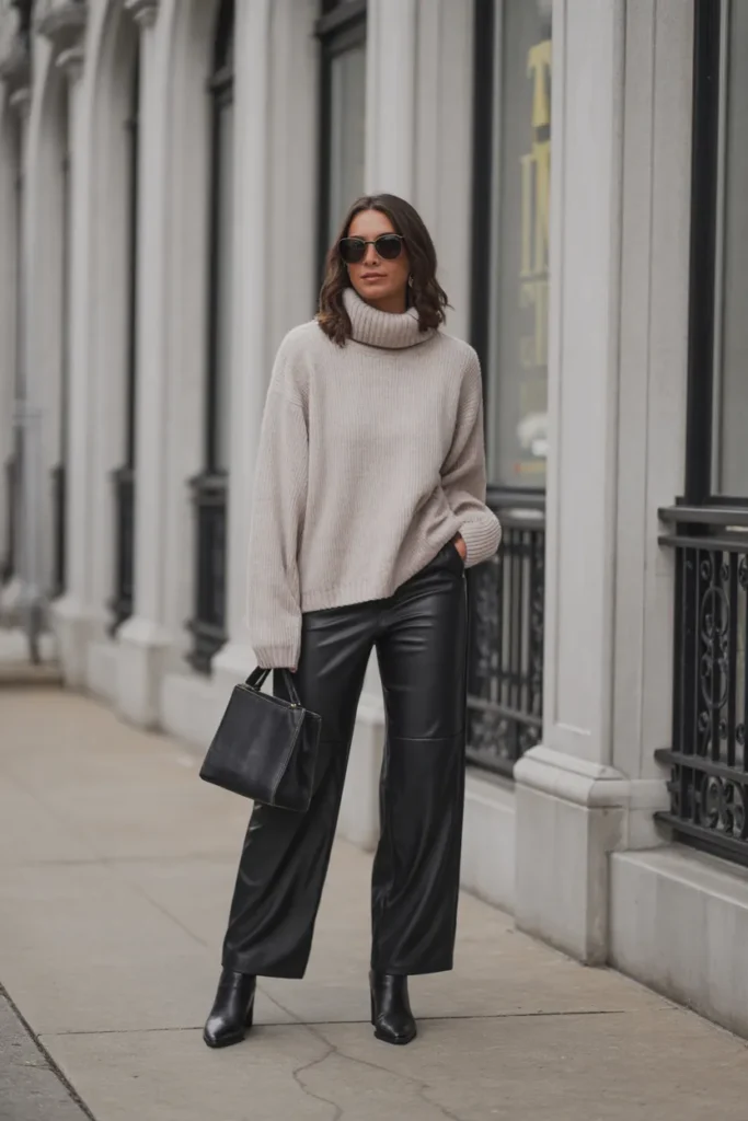 Chunky Knit Sweater with Leather Pants