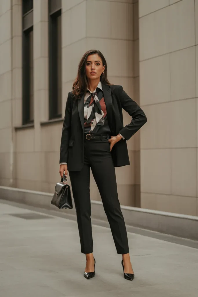 Classic Black Suit with Statement Blouse