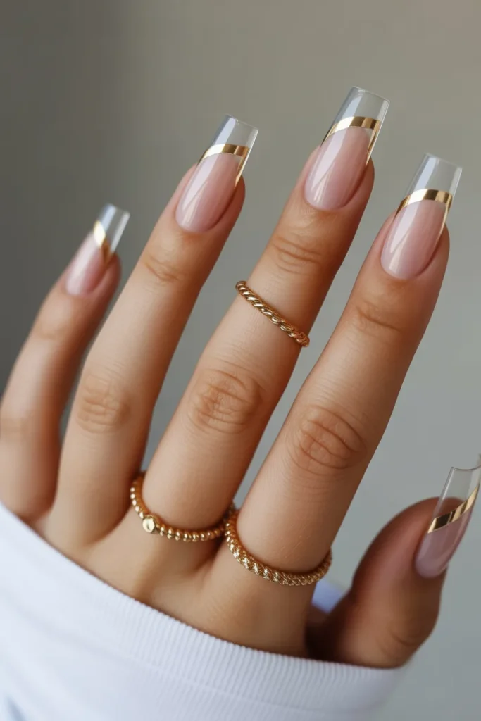 Clear Acrylic Nails with Gold Foil Lines