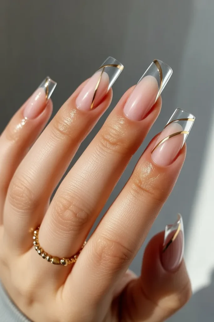 Clear Acrylic Nails with Gold Foil Lines