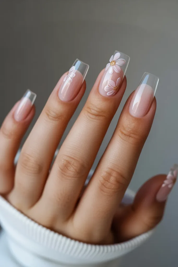 Clear Acrylic Nails with Minimal Floral Accents
