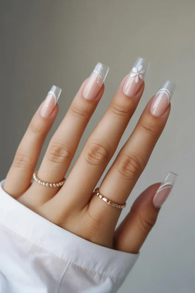Clear Acrylic Nails with Minimal White Art