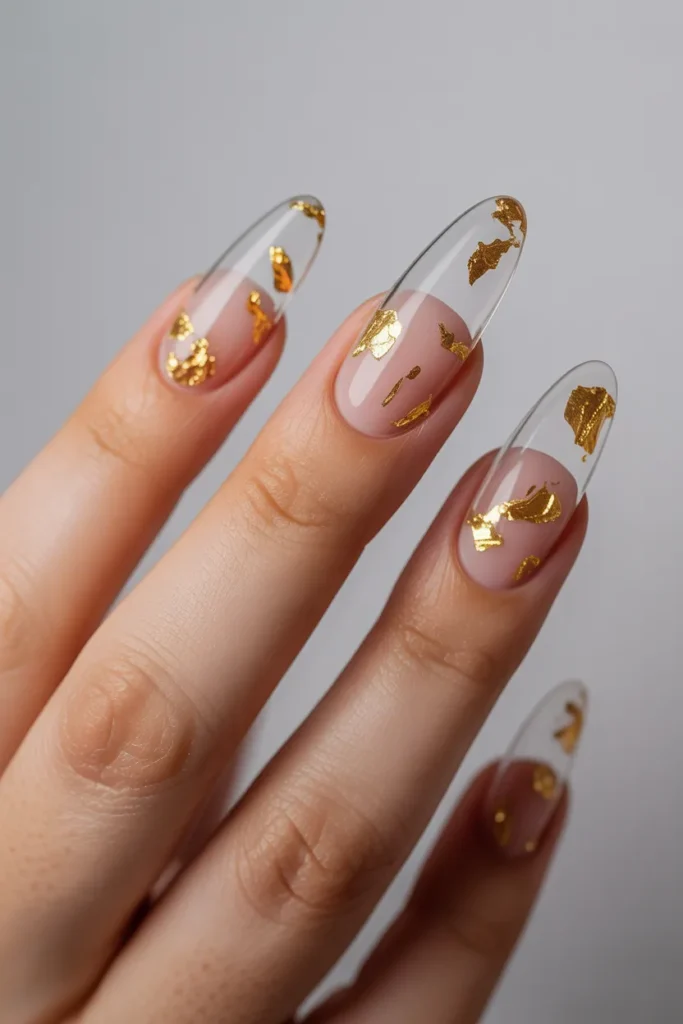 Clear Almond Nails With Gold Foil Accents