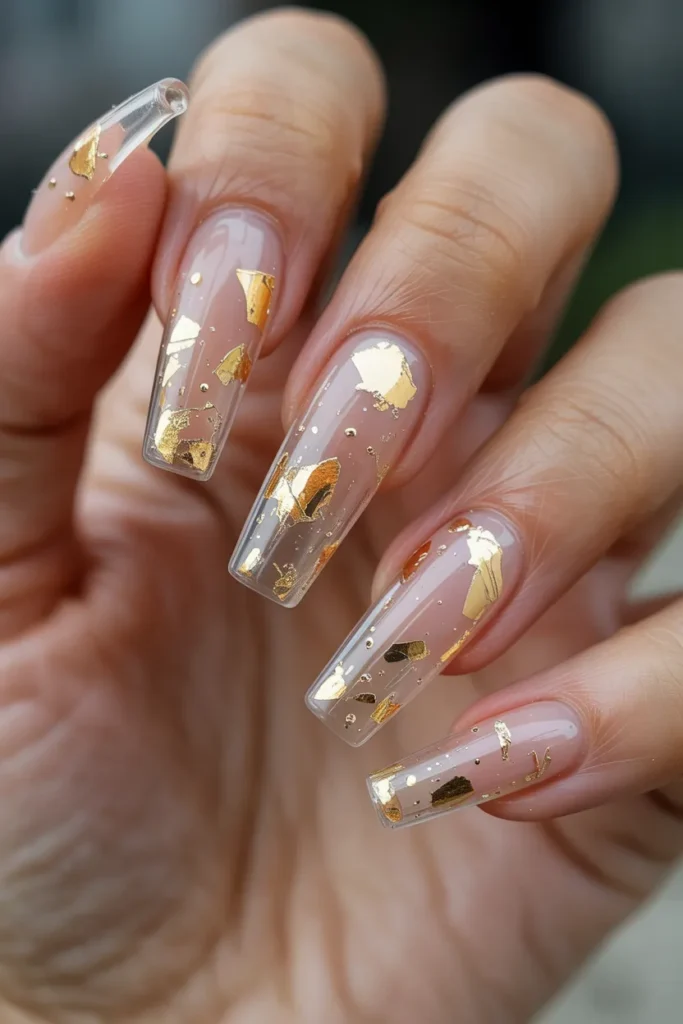Clear Nails With Gold Foil Details