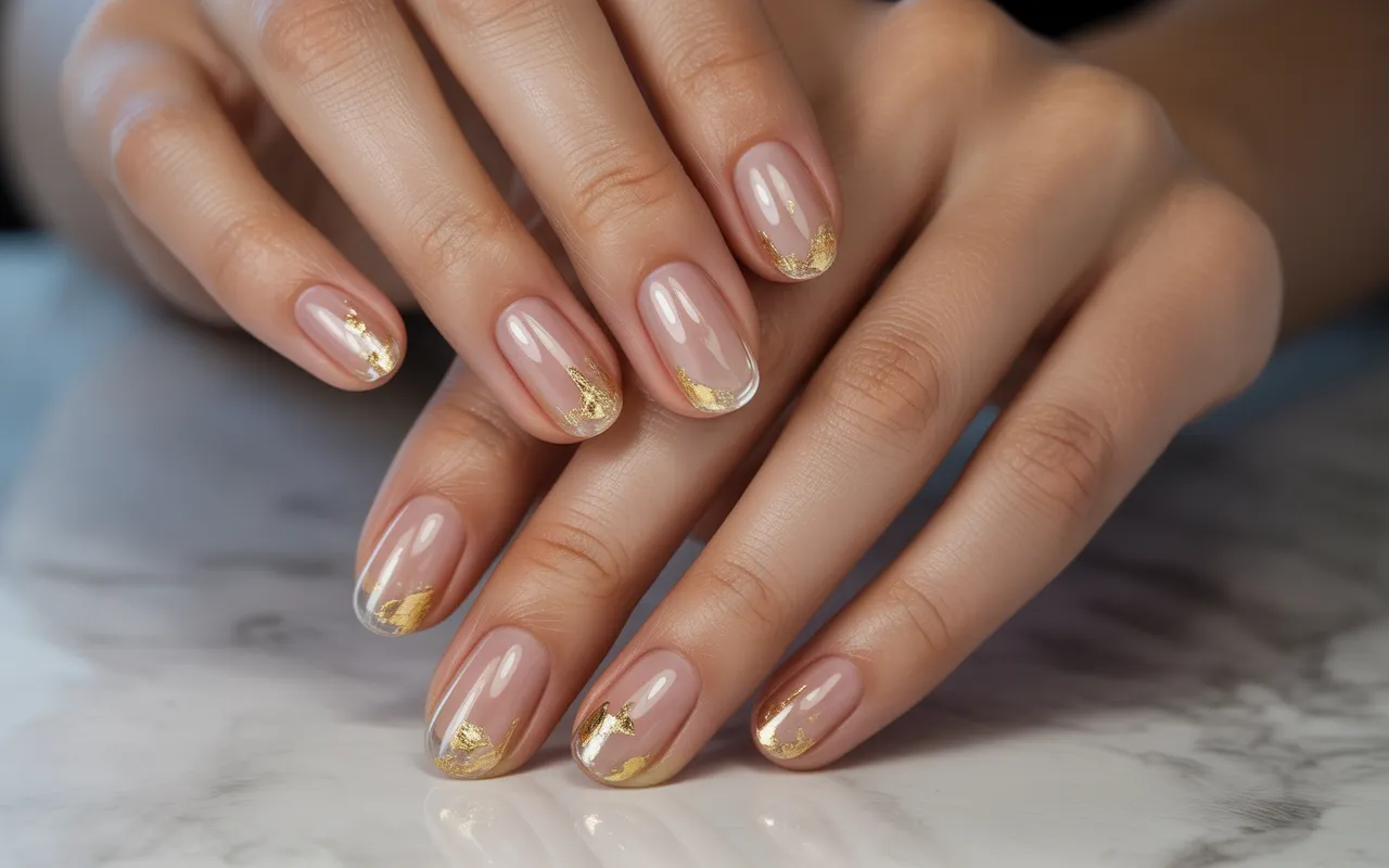 Clear Nails with Gold Foil Highlights,