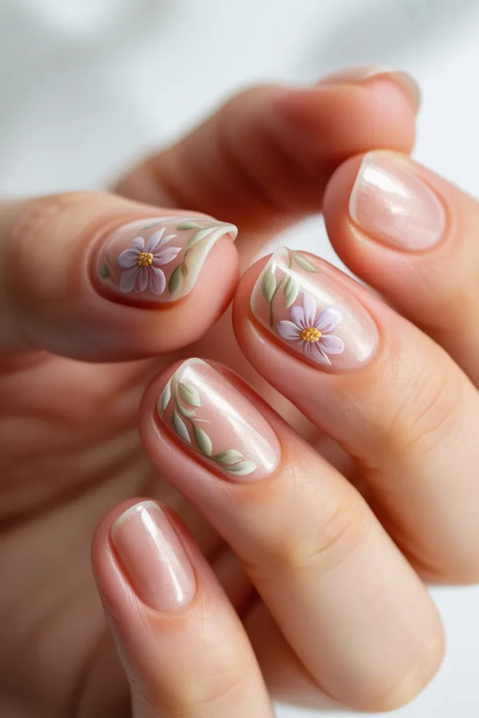 Clear Nails with Minimal Floral Accents