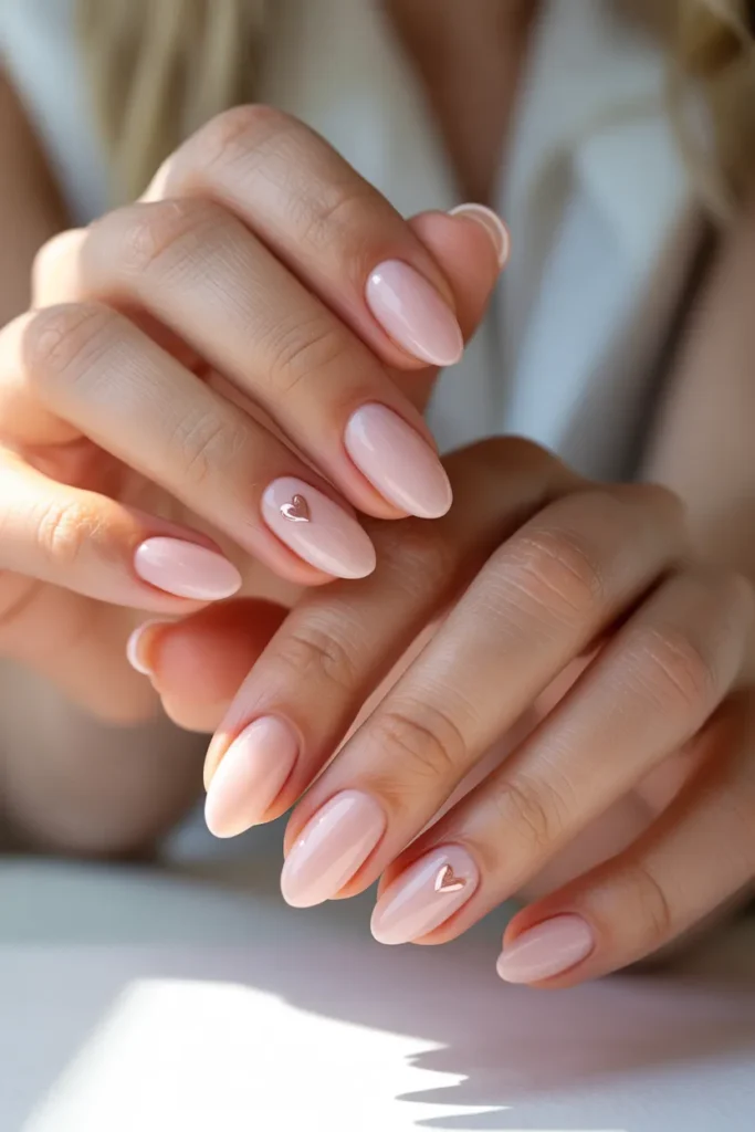 Clear Pink Almond Nails With Heart Accents
