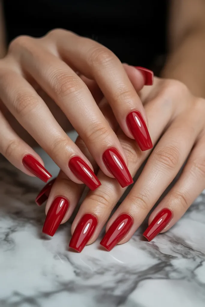 Coffin-Shaped Red Nails for Elegance