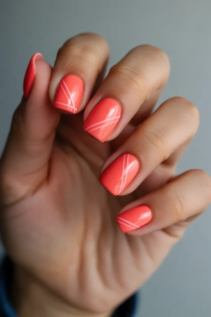 Coral Square Nails with Minimal Geometric Lines