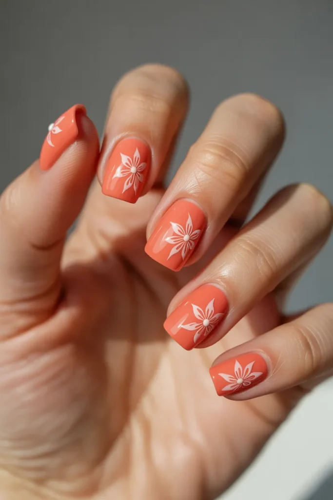 Coral Square Nails with Tiny White Flowers
