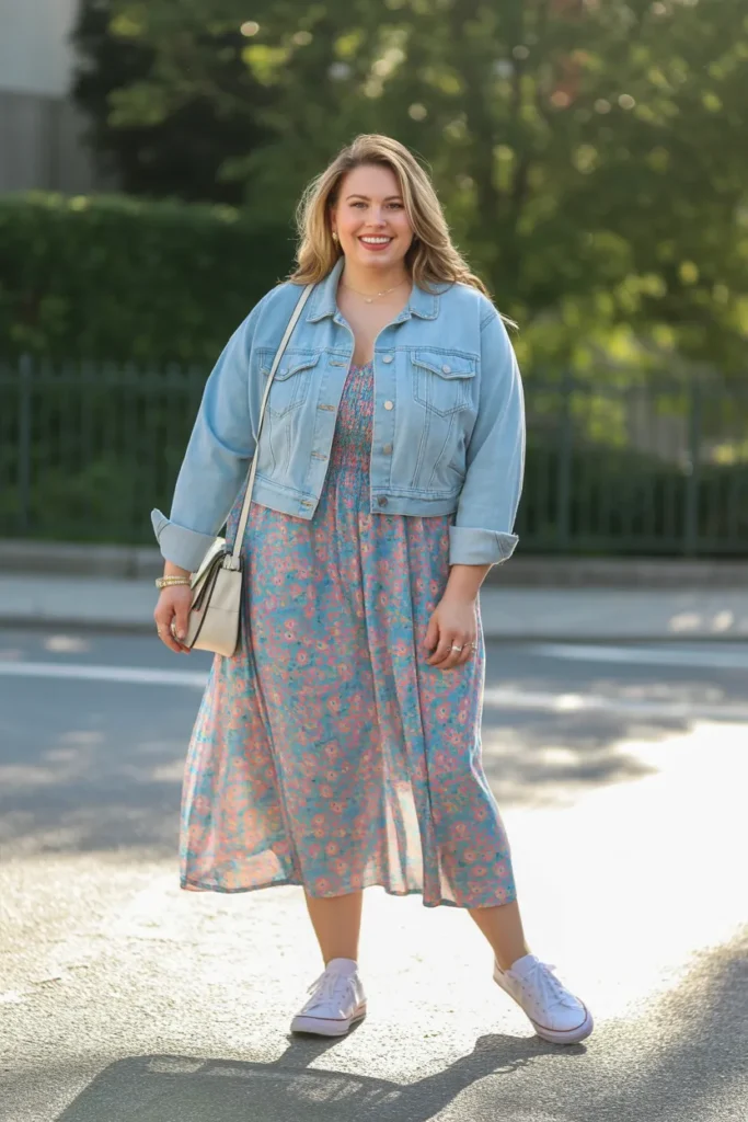 Cropped Denim Jacket with Printed Midi Dress