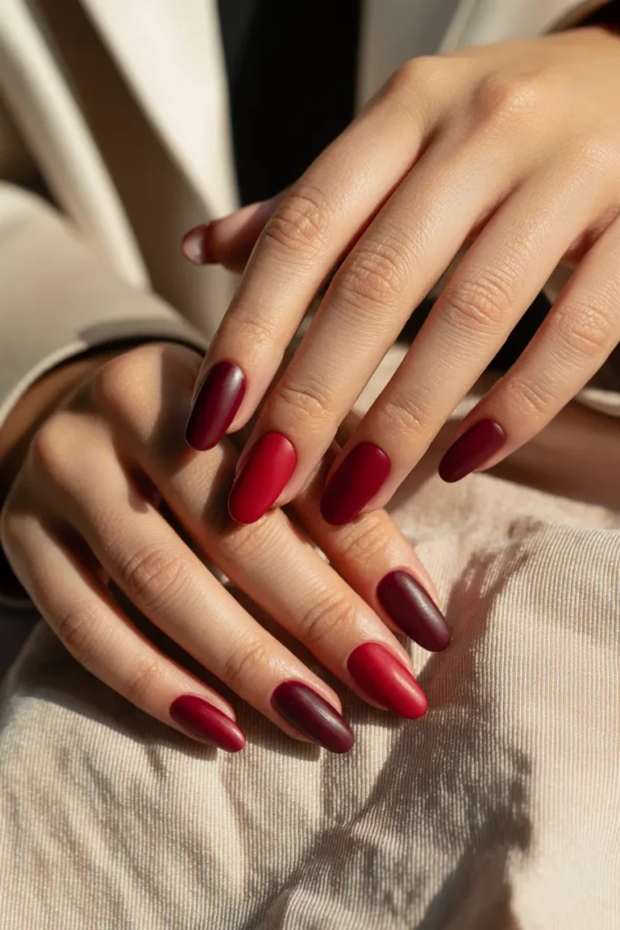 Deep Red Nails with Matte and Glossy Combinations