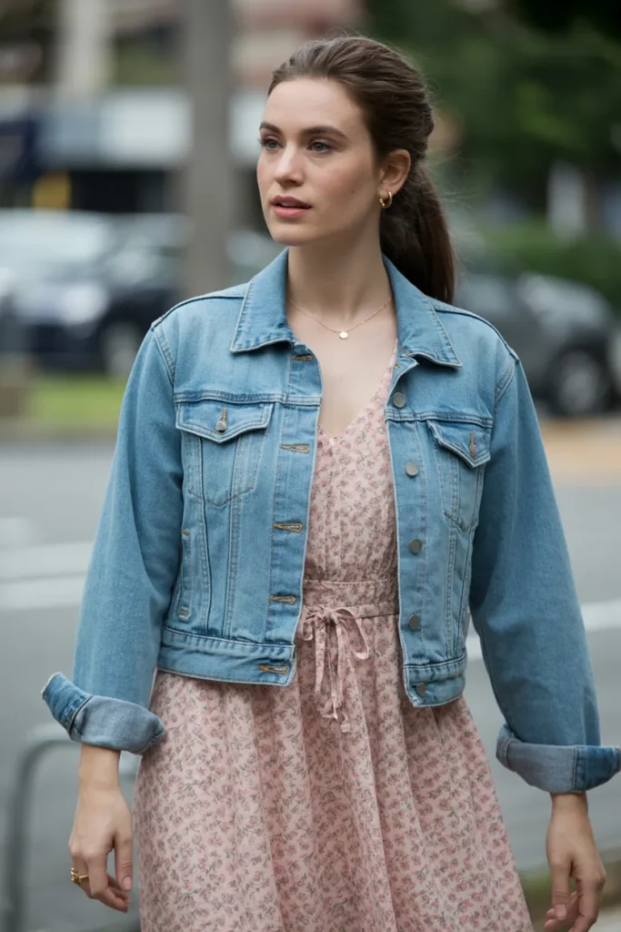 Denim Jacket with Floral Dress