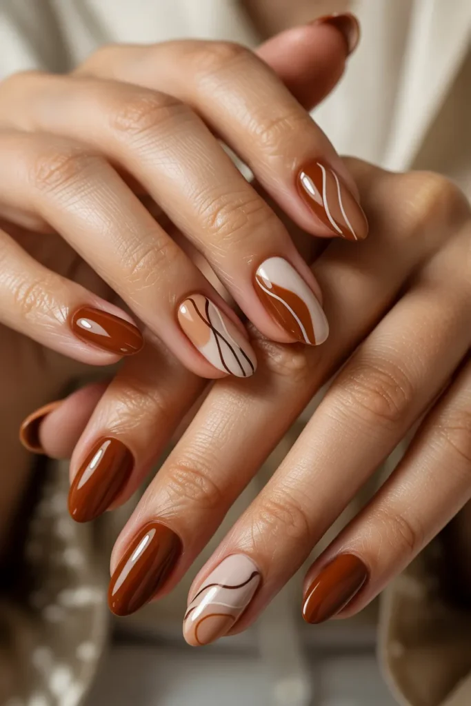 Earthy Brown Almond Nails With Abstract Lines