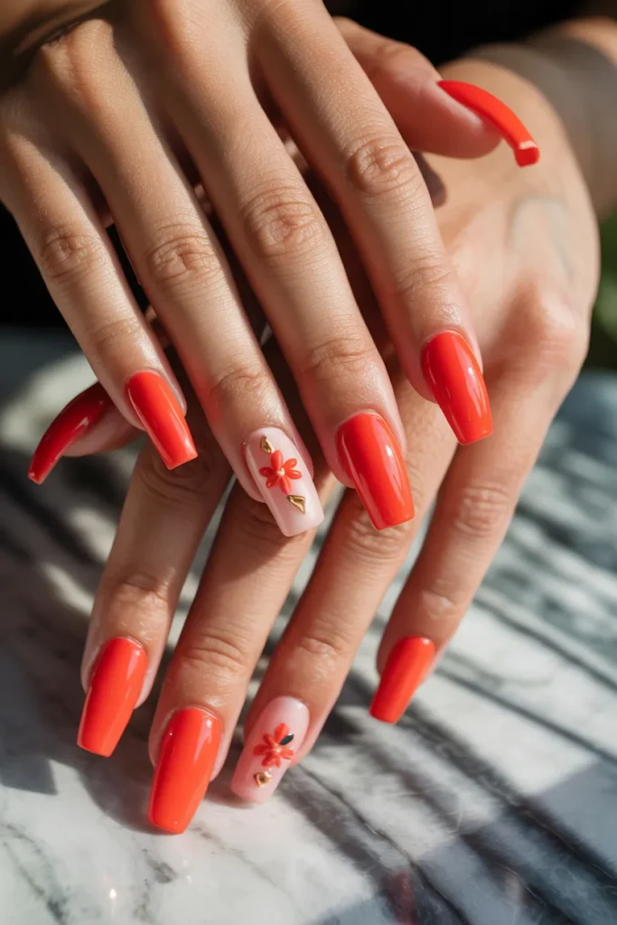 Fiery Red Nails with 3D Elements for Bold Statements