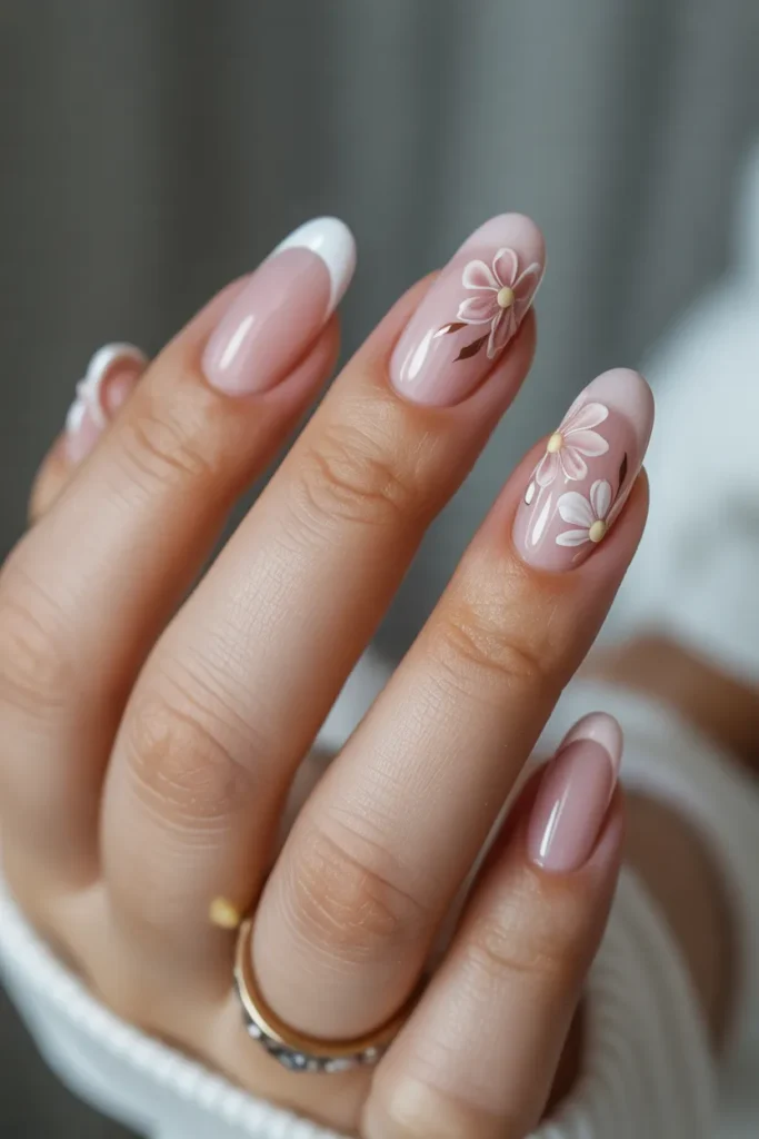 Floral Accent Nails on Sheer Base