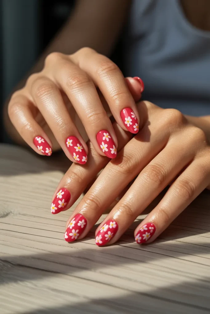 Floral Red Nail Designs for a Playful Summer Style