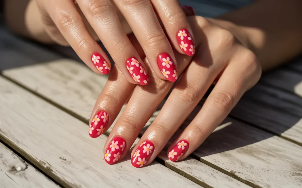 Floral Red Nail Designs for a Playful Summer Style,