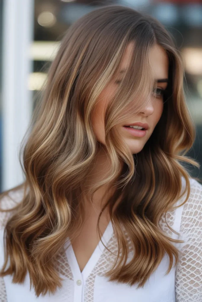 Golden Brown Highlights on Wavy Hair