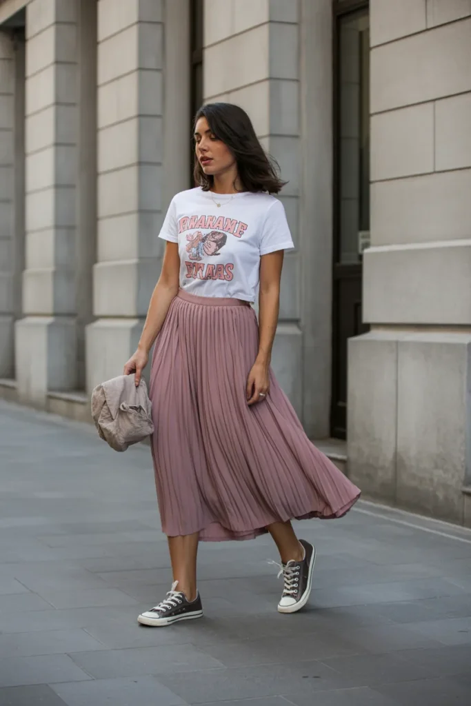 Graphic Tee with Midi Skirt and Sneakers
