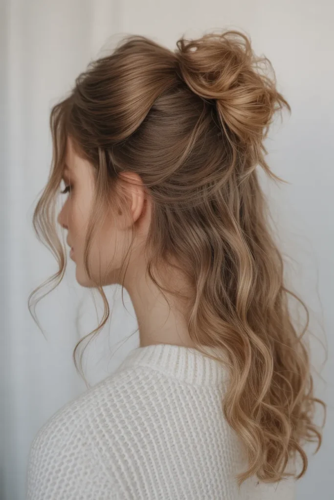 Half-Up Messy Bun with Soft Curls