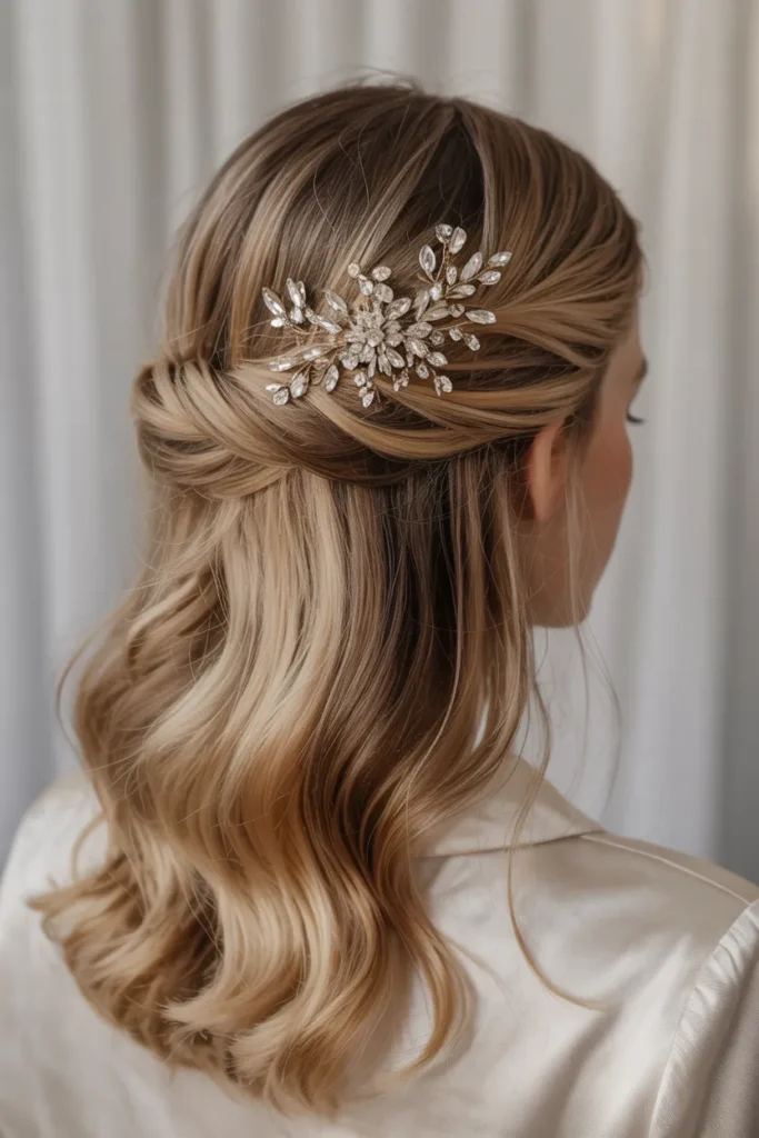 Half Up Style with Crystal Hairpiece