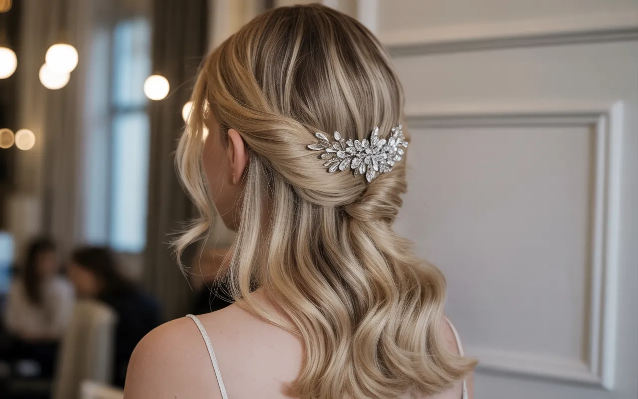 Half Up Style with Crystal Hairpiece,