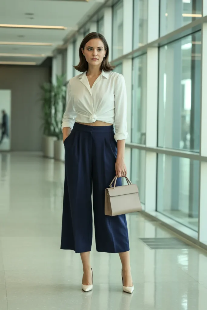 High-Waisted Culottes with Tailored Blouse