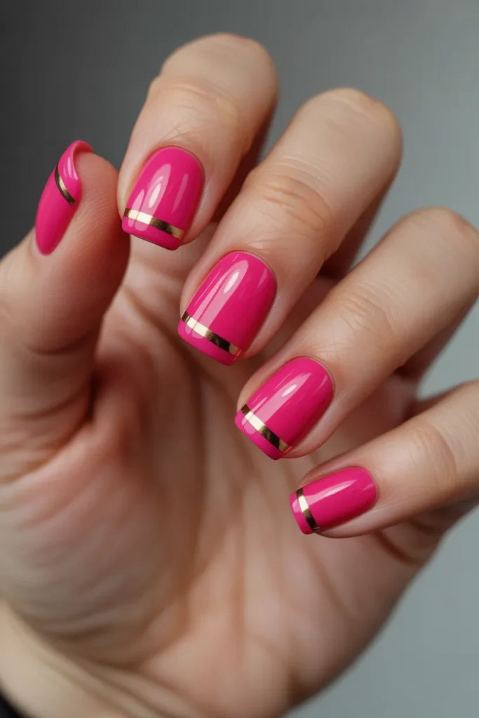 Hot Pink Square Nails with Gold Minimal Stripes