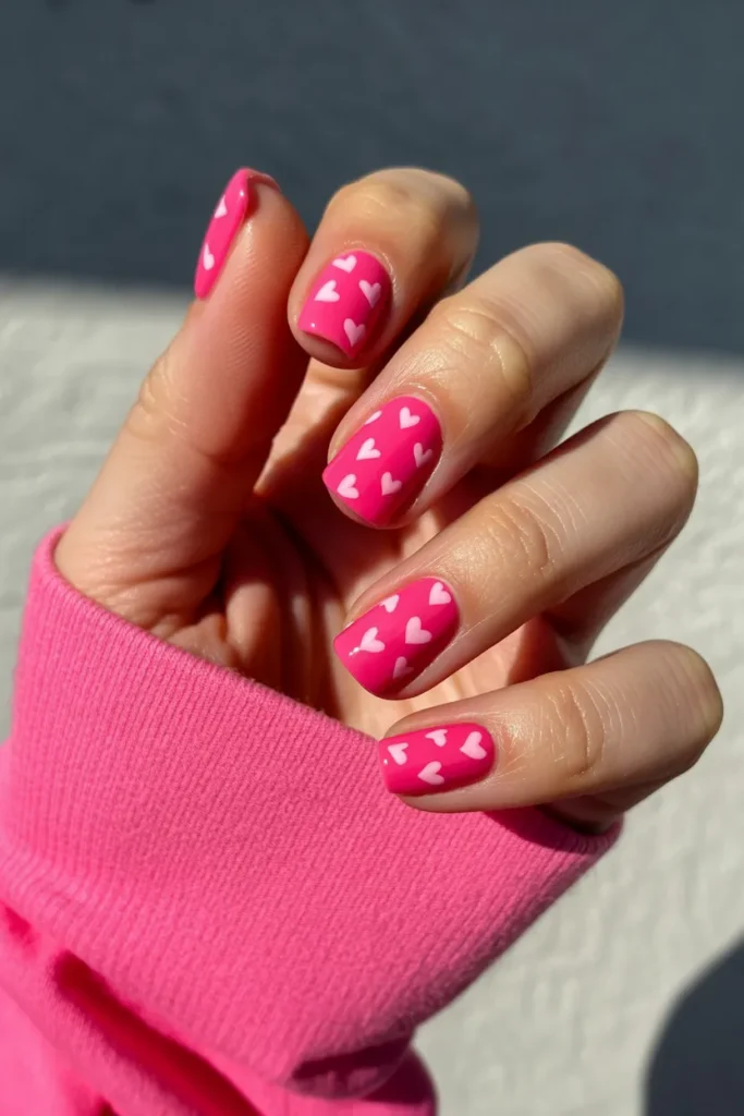 Hot Pink Square Nails with Tiny White Hearts