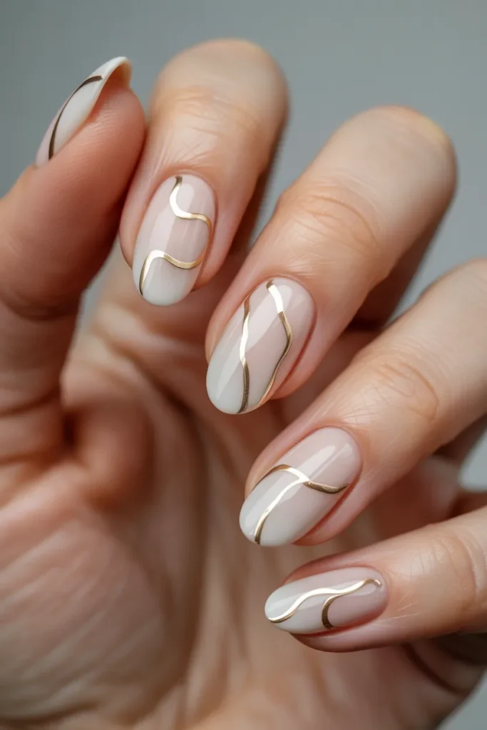 Ivory Almond Nails With Gold Line Art