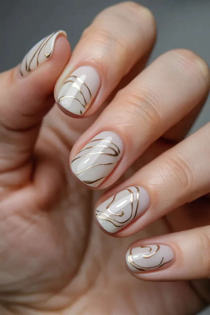 Ivory Nails With Gold Line Art