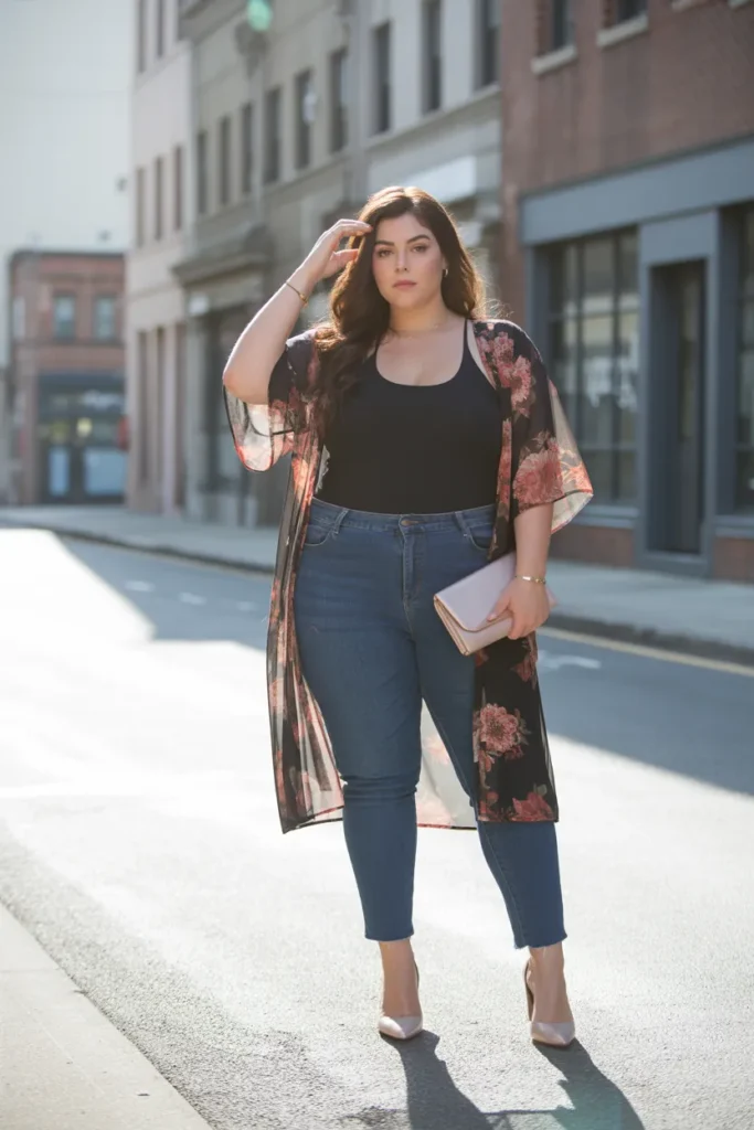 Kimono Cardigan with Skinny Jeans and Tank Top